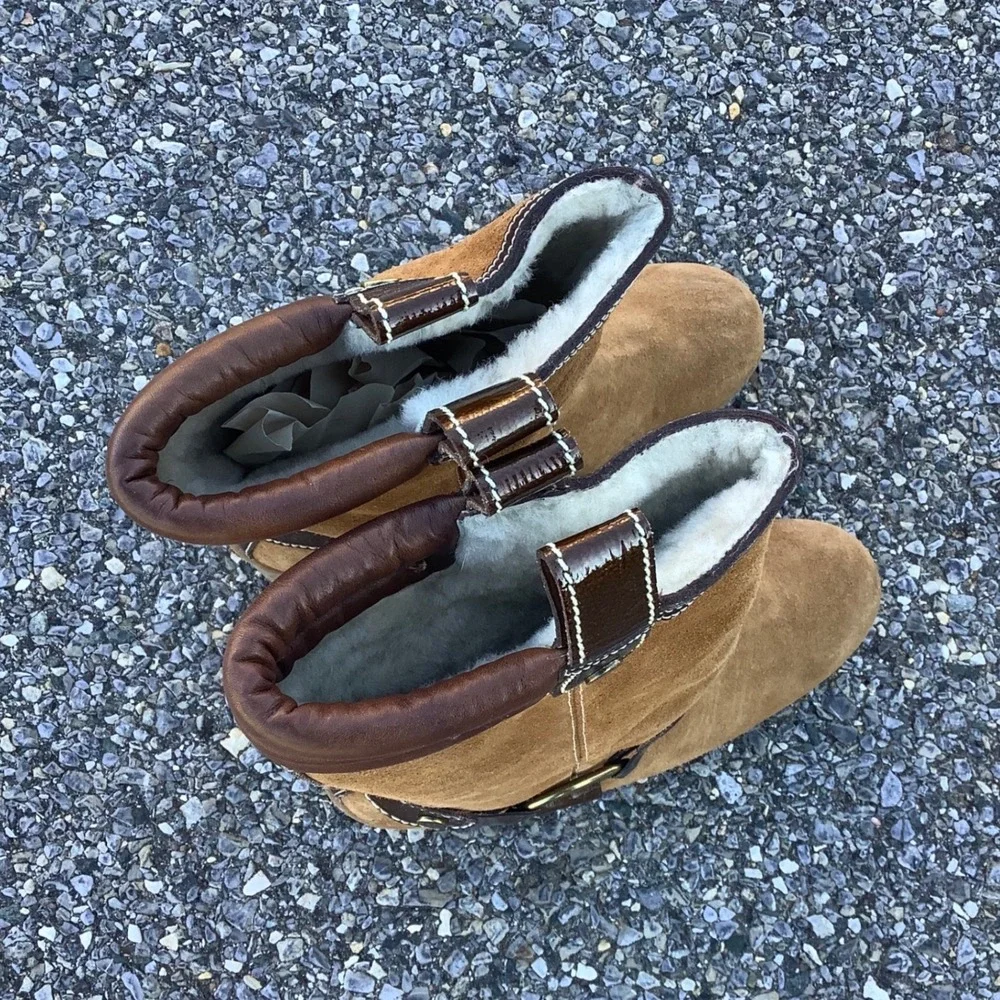 Cole Haan Suede Wedge Boots with Fur Lining and‎ Buckle Accent Women's Size 7B